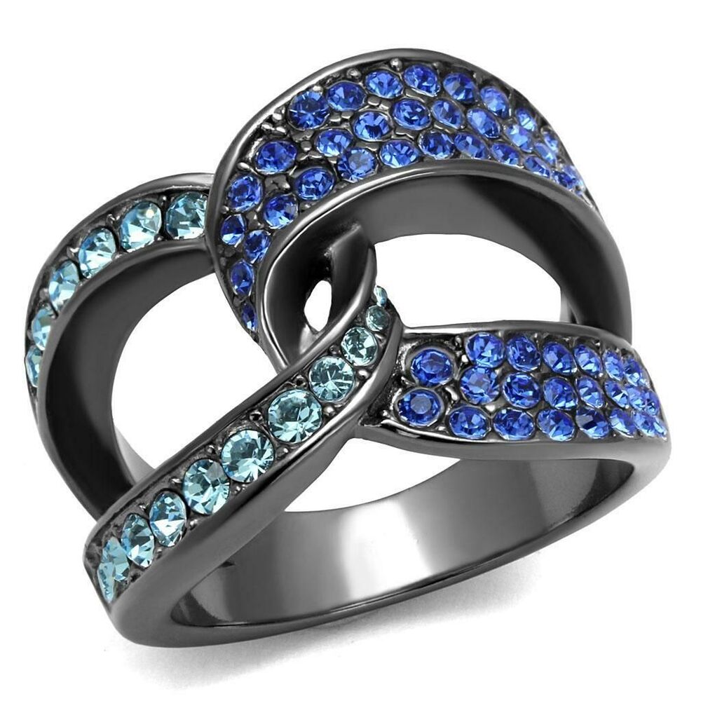 Two Tone Blue CZ Interlocking Ring Gun Metal Stainless Steel Bold Modern Size 7